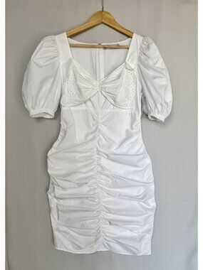 NY & Company White Cotton Embroidered Bow Puff Sleeve Midi Dress Size Small NWT